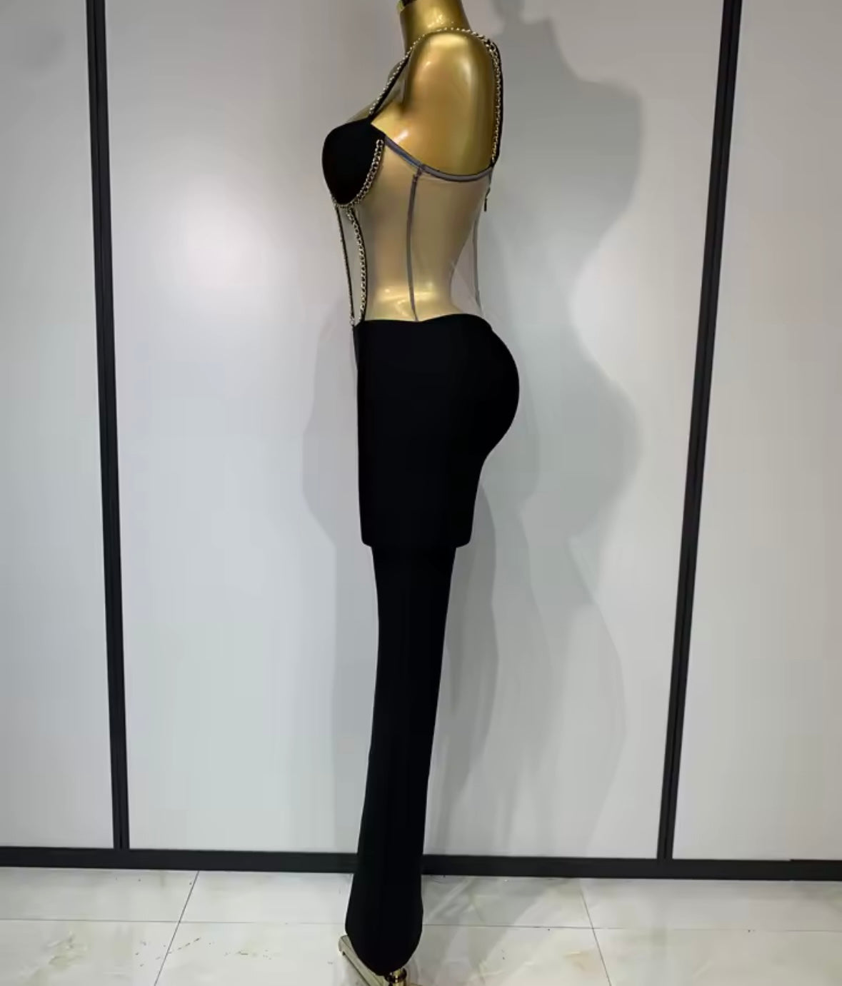 Sexy Chain Sleeveless Black Mesh Patchwork Jumpsuit