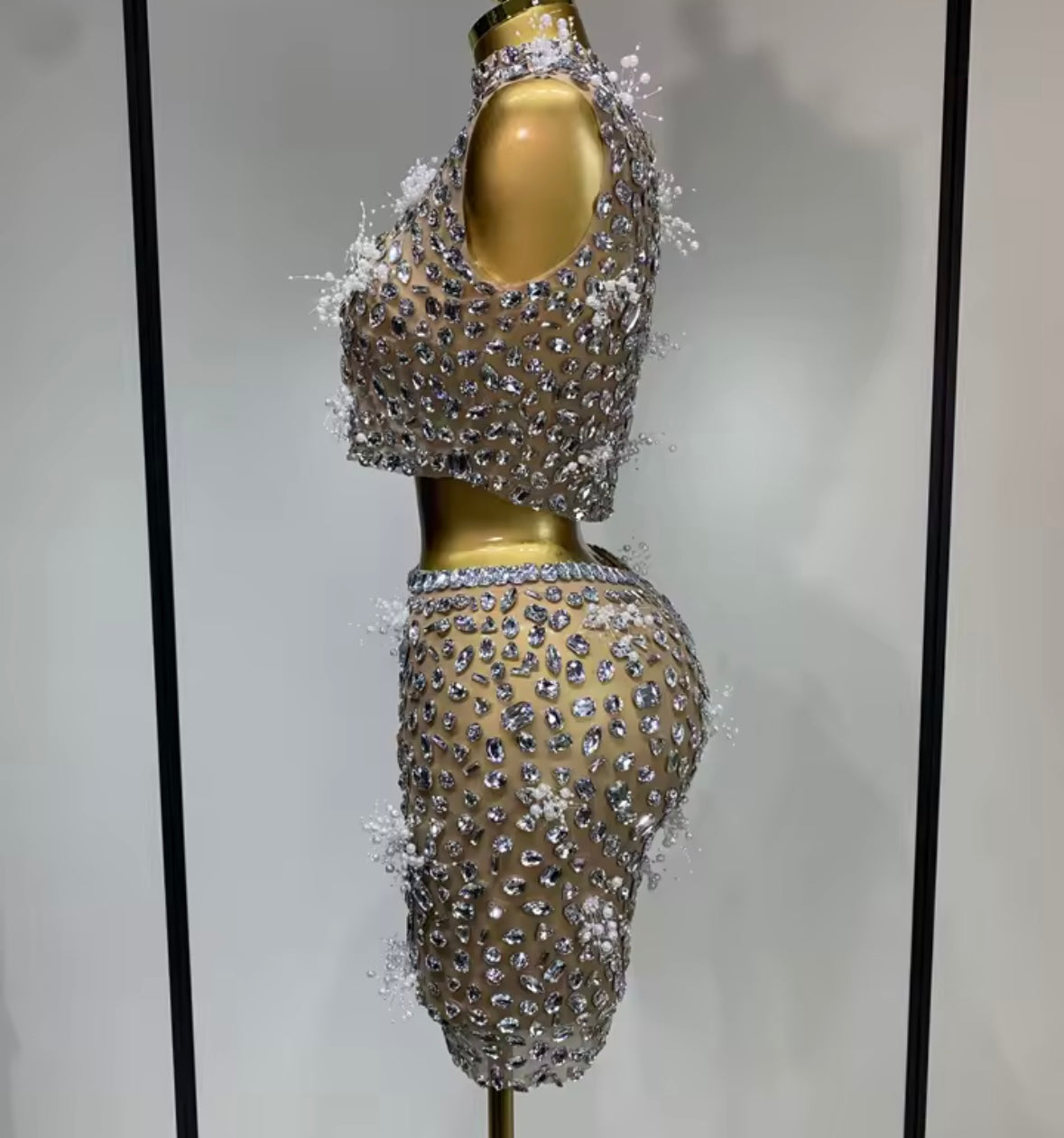 Sleeveless Crystal Rhinestone Sexy Mesh Two Piece Skirt Set