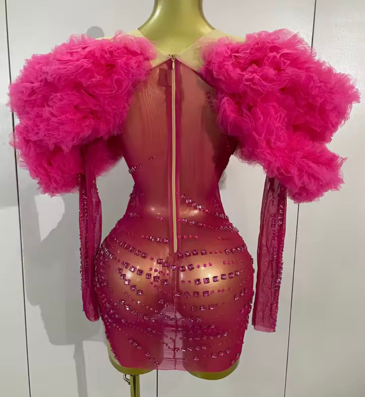 Pink Ruffle Off The Shoulder Sexy Rhinestone Dress