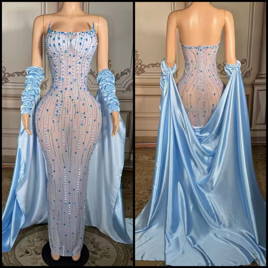 Sexy Strapless Blue Rhinestone See Through Maxi Dress