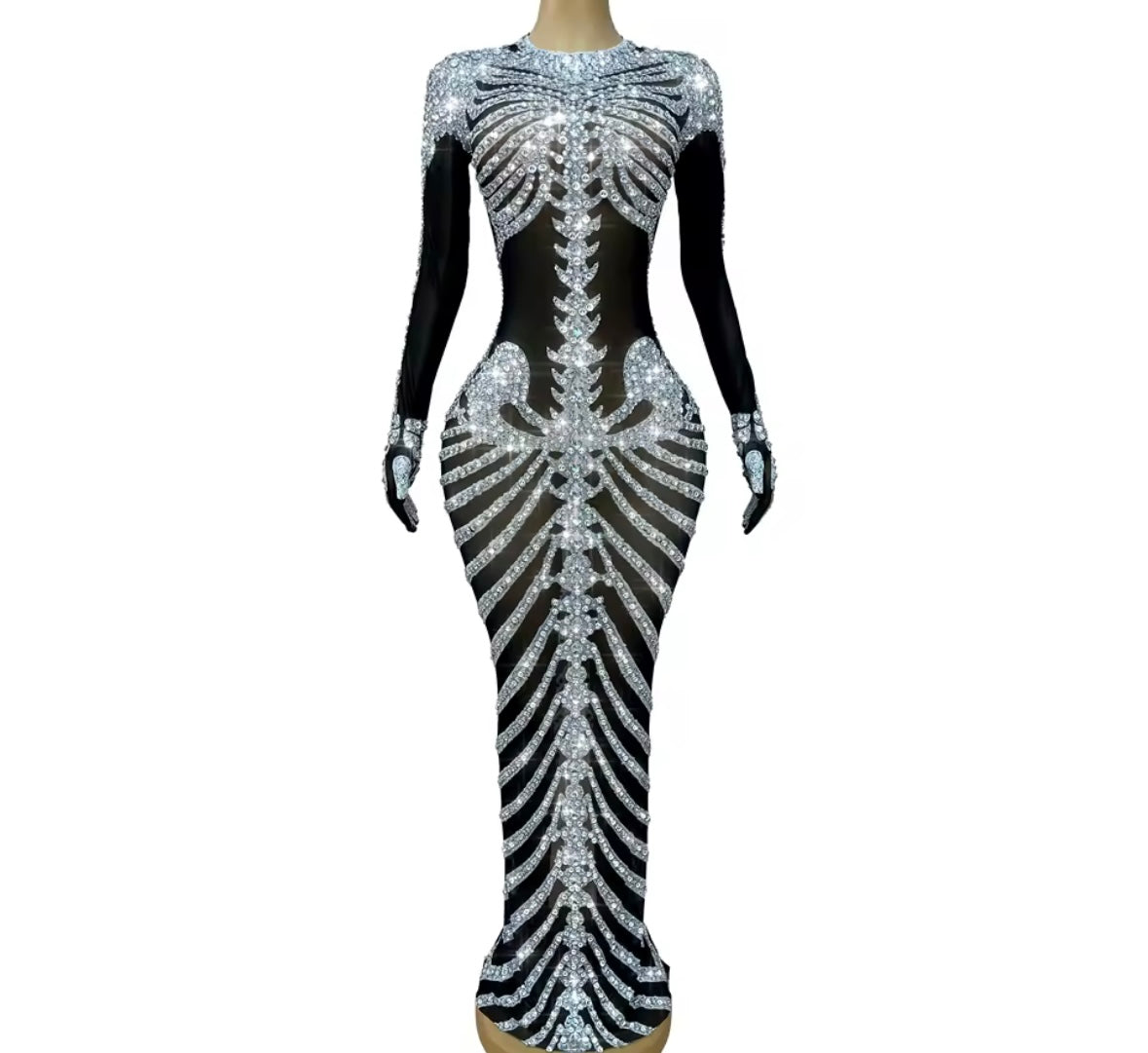 Sexy Rhinestone Embellishment Glove Full Sleeve Maxi Dress