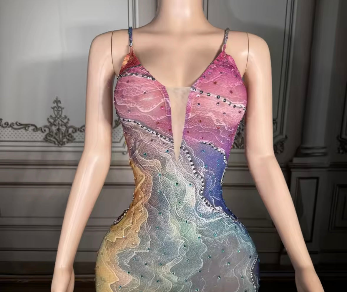 Sexy Sleeveless Multicolored Rhinestone See Through Maxi Dress