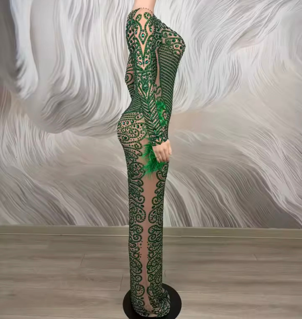 Sexy Green Feather Rhinestone Embellishment Maxi Dress