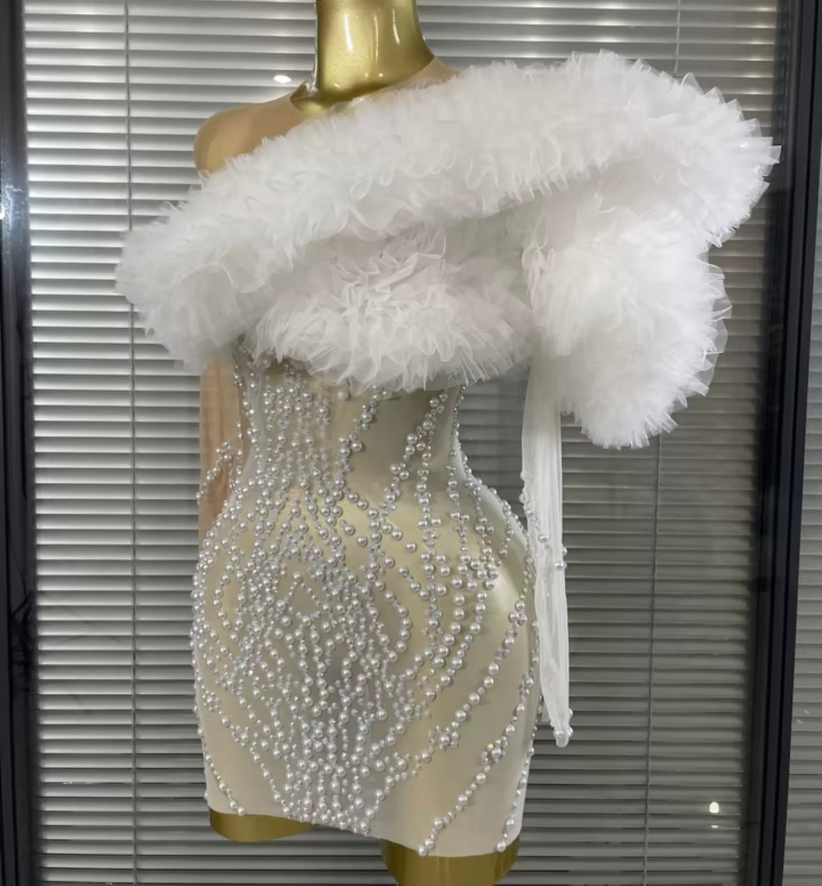 Sexy Beaded Ruffle Full Sleeve See Through Dress