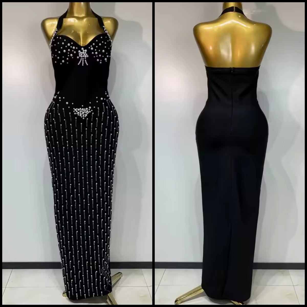 Black Halter Sleeveless Sexy Pearl Embellishment Maxi Dress