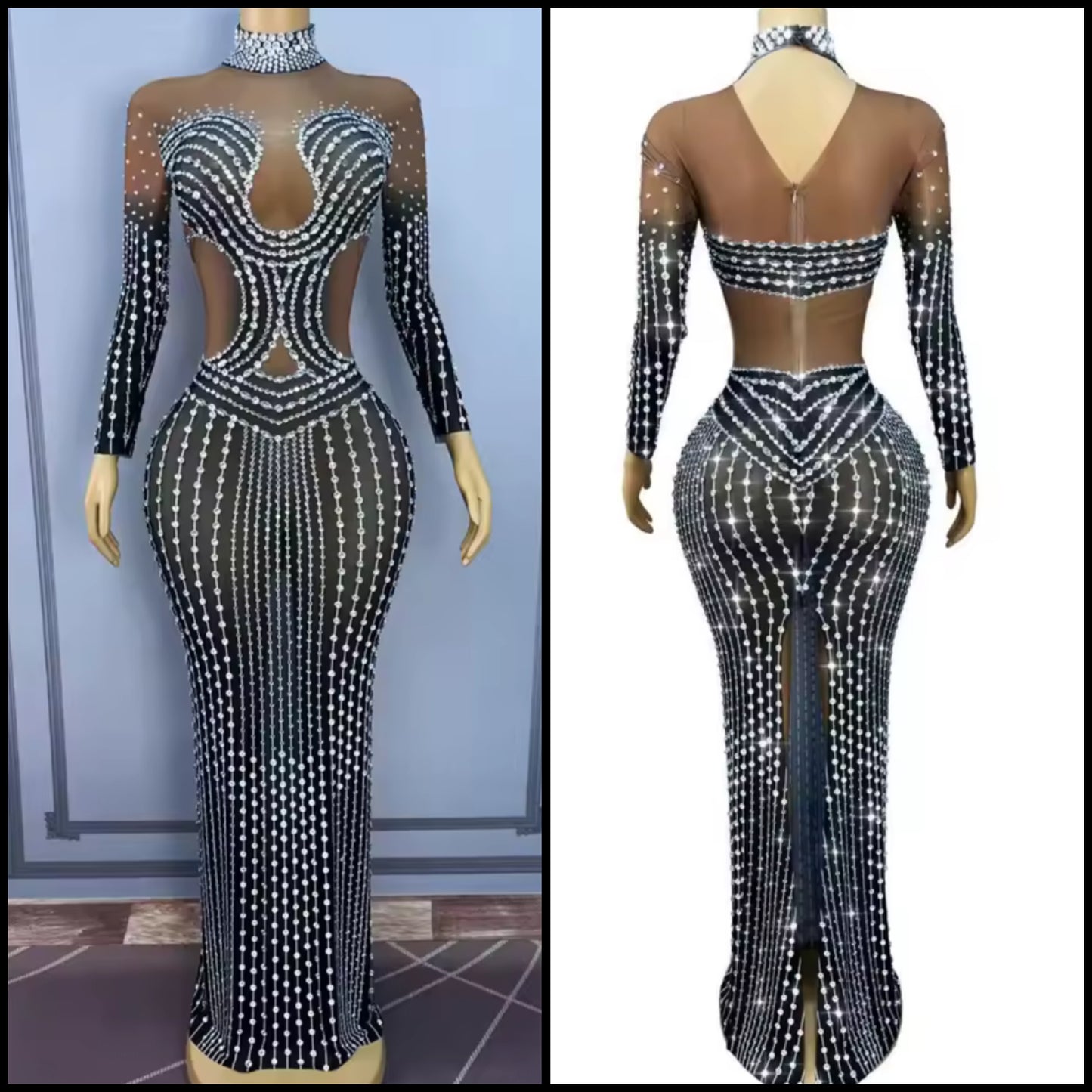 Sexy Rhinestone Full Sleeve Floor-Length Dress