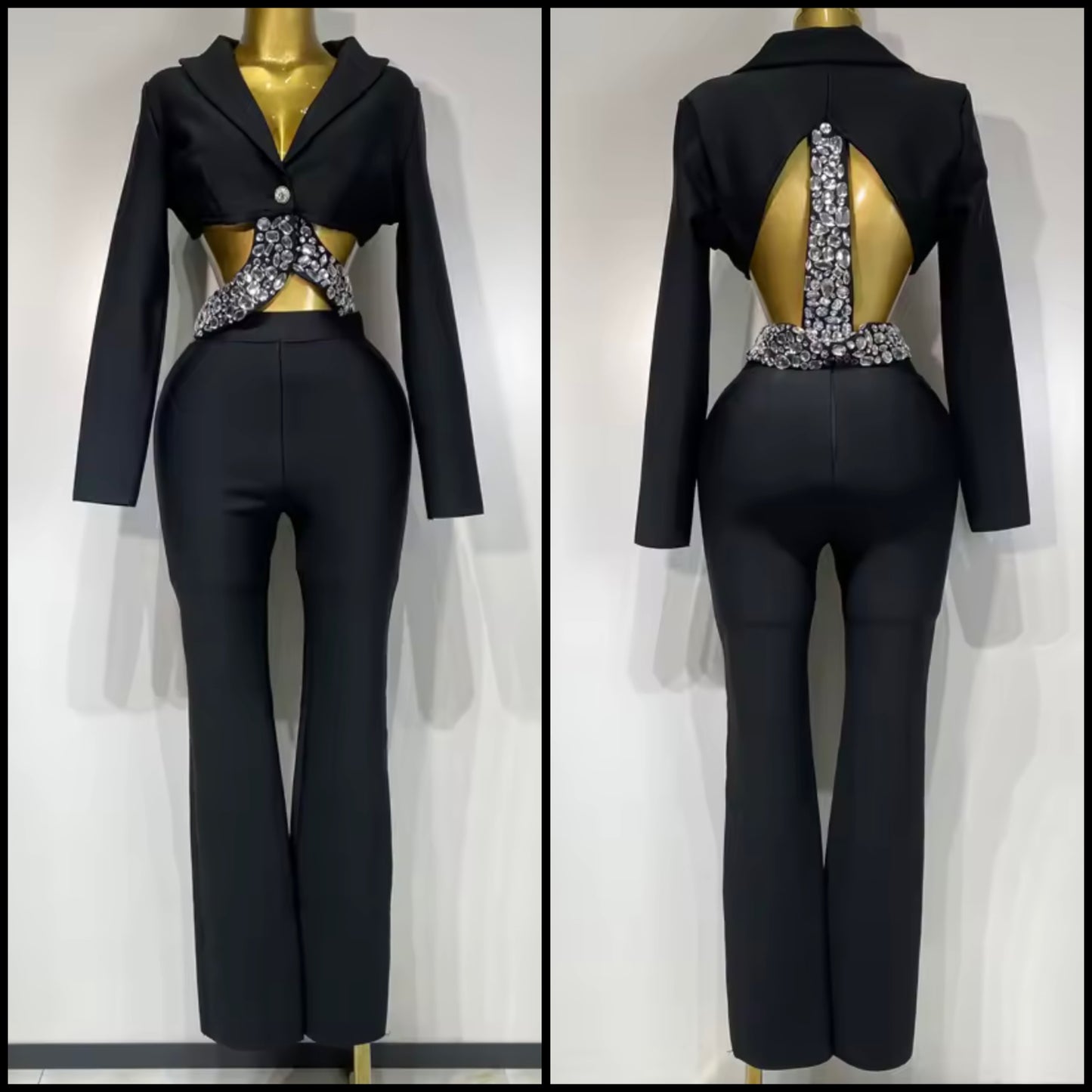 Sexy Crystal Beaded Embellished Band Blazer Two Piece Pant Set