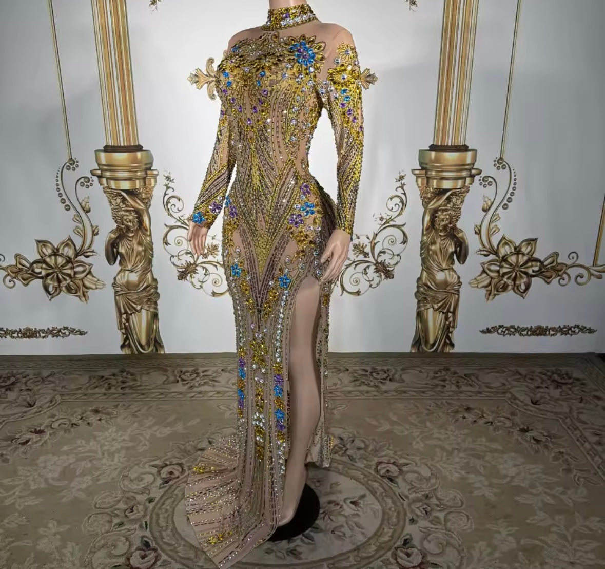 Elegant Multicolor Rhinestone Full Sleeve Floor-Length Dress