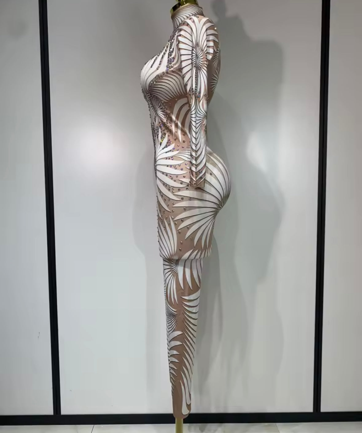 Sexy Rhinestone Embellishment Printed Full Sleeve Jumpsuit