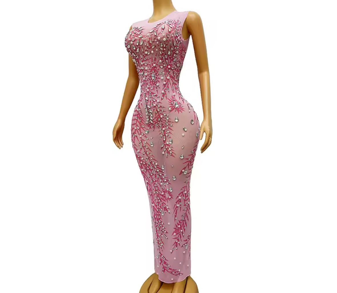 Pink Sexy Sleeveless Pearl Rhinestone Maxi Dress