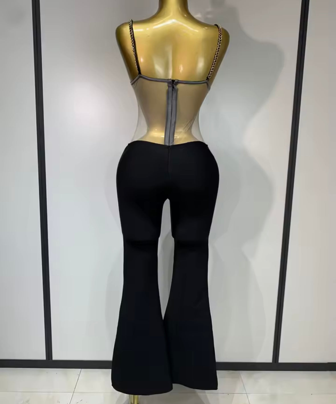Sexy Chain Sleeveless Black Mesh Patchwork Jumpsuit