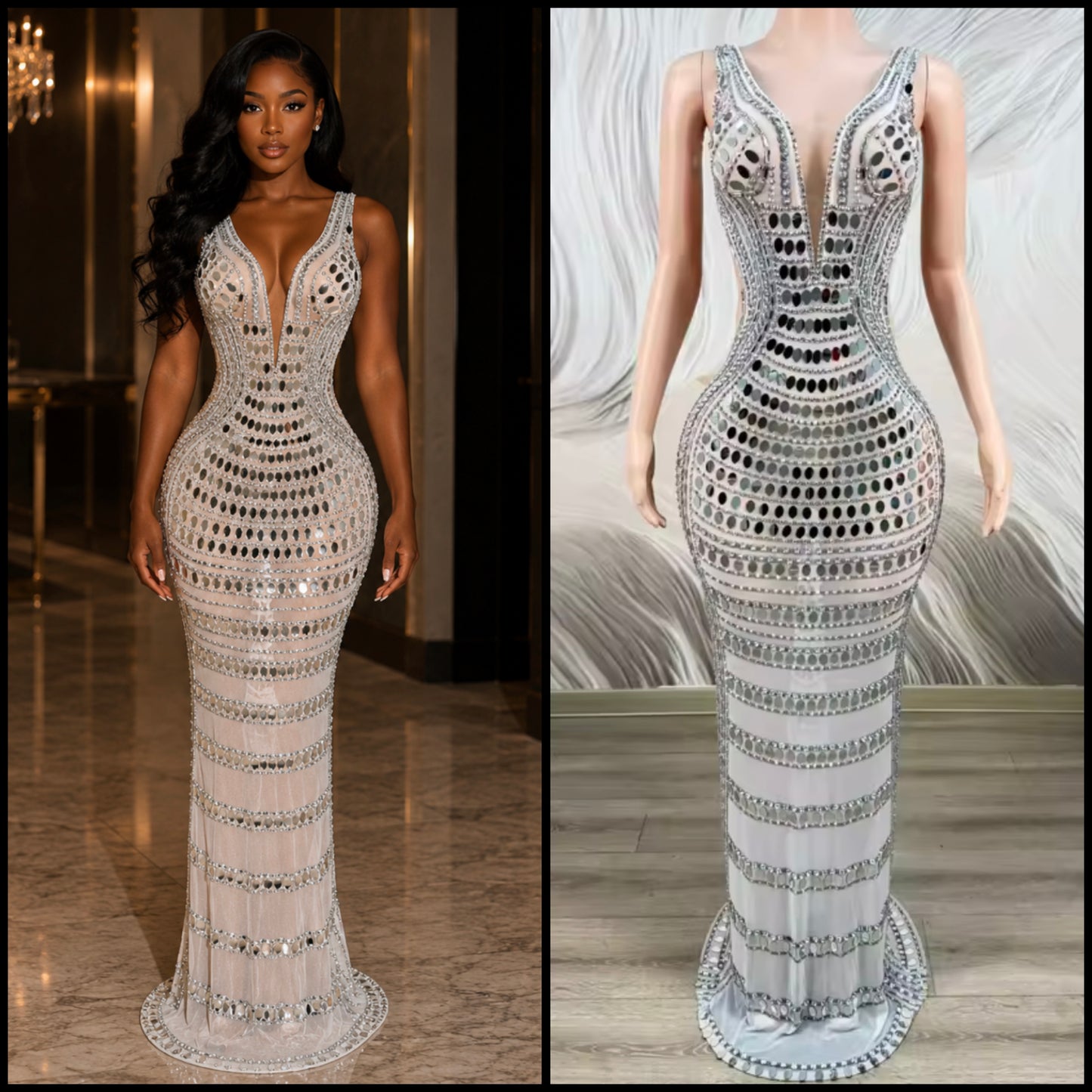 Sexy Sleeveless Mirror Rhinestone Embellishment Maxi Dress