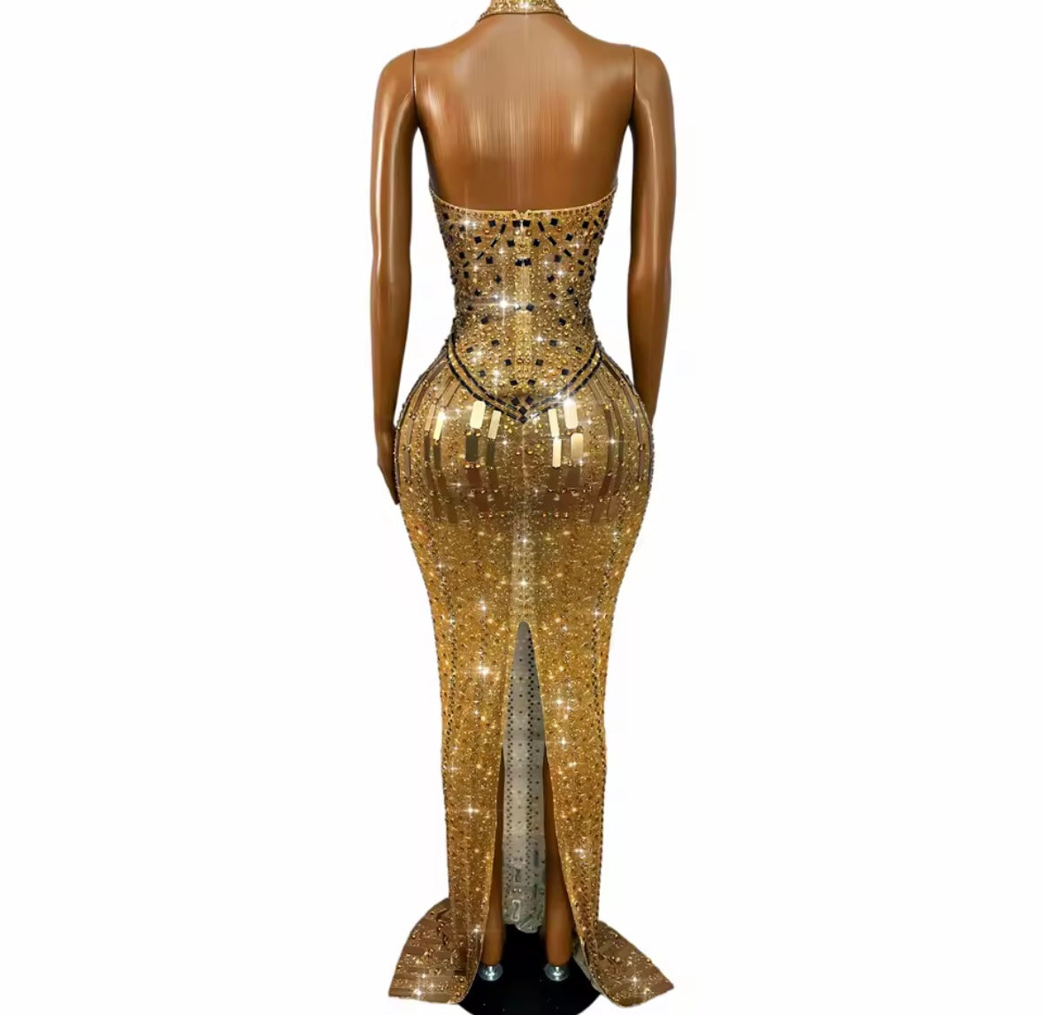 Gold Sexy Halter Sleeveless Rhinestone Floor-Length Dress