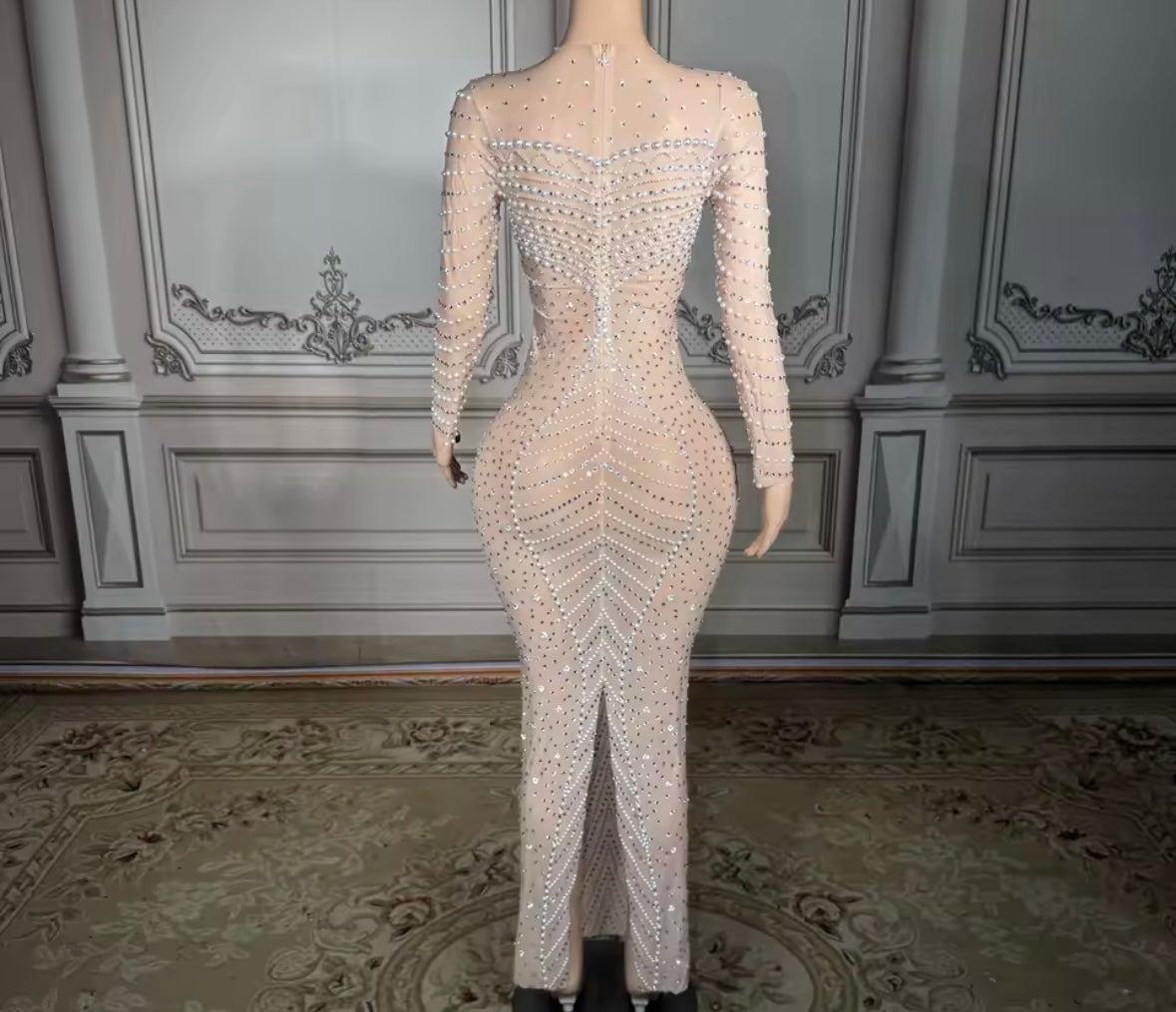 Sexy Pearl Rhinestone See Through Maxi Dress