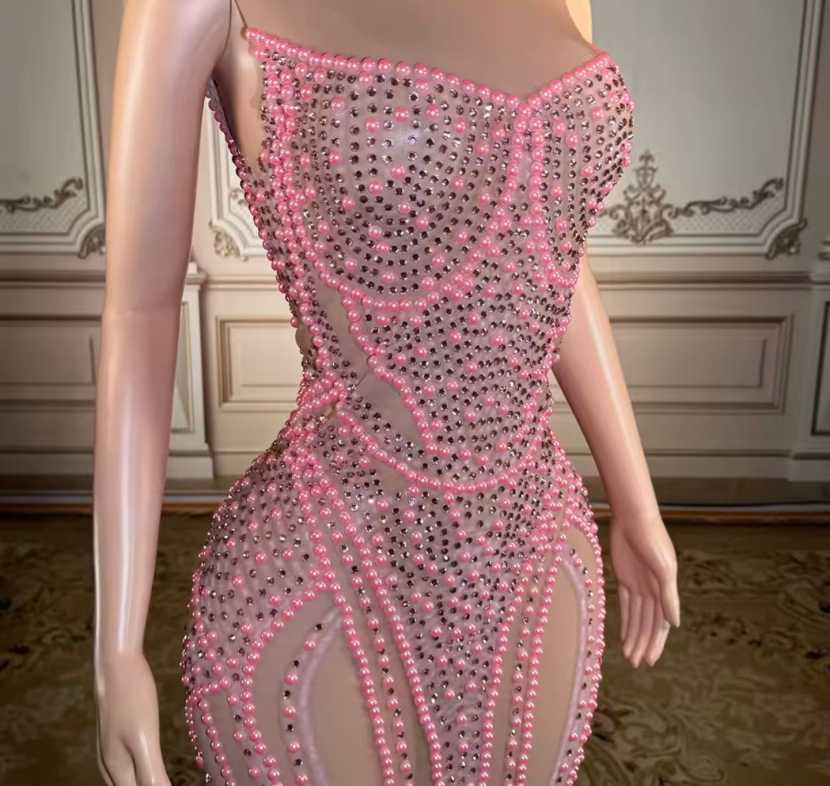 Sexy Sleeveless Pink Beaded Rhinestone Maxi Dress