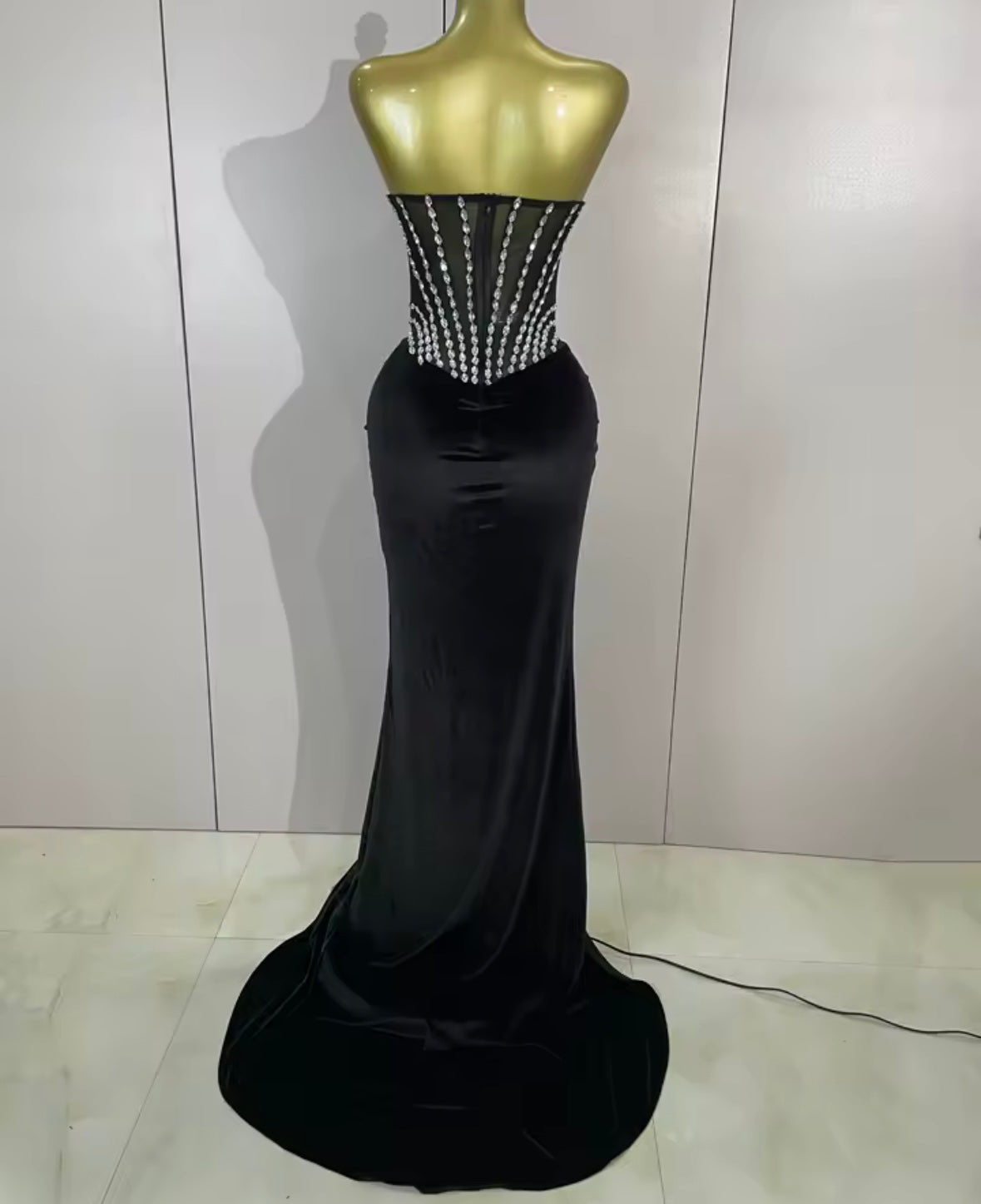 Elegant Rhinestone Strapless Black Front Split Maxi Dress