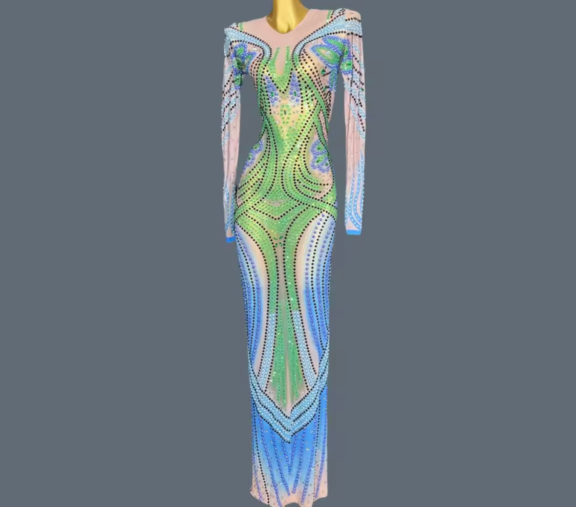 Sexy Colorful Rhinestone Full Sleeve Maxi Dress