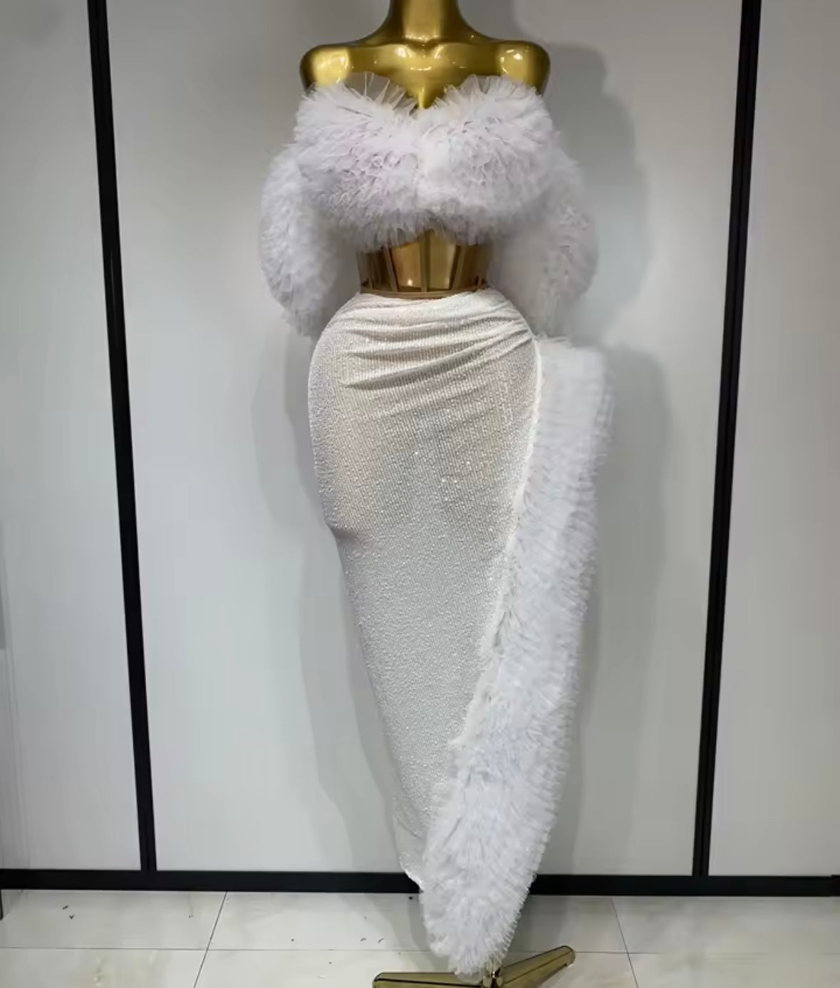 Sexy Ruffled Strapless Corset Two Piece Sequins Maxi Skirt Set