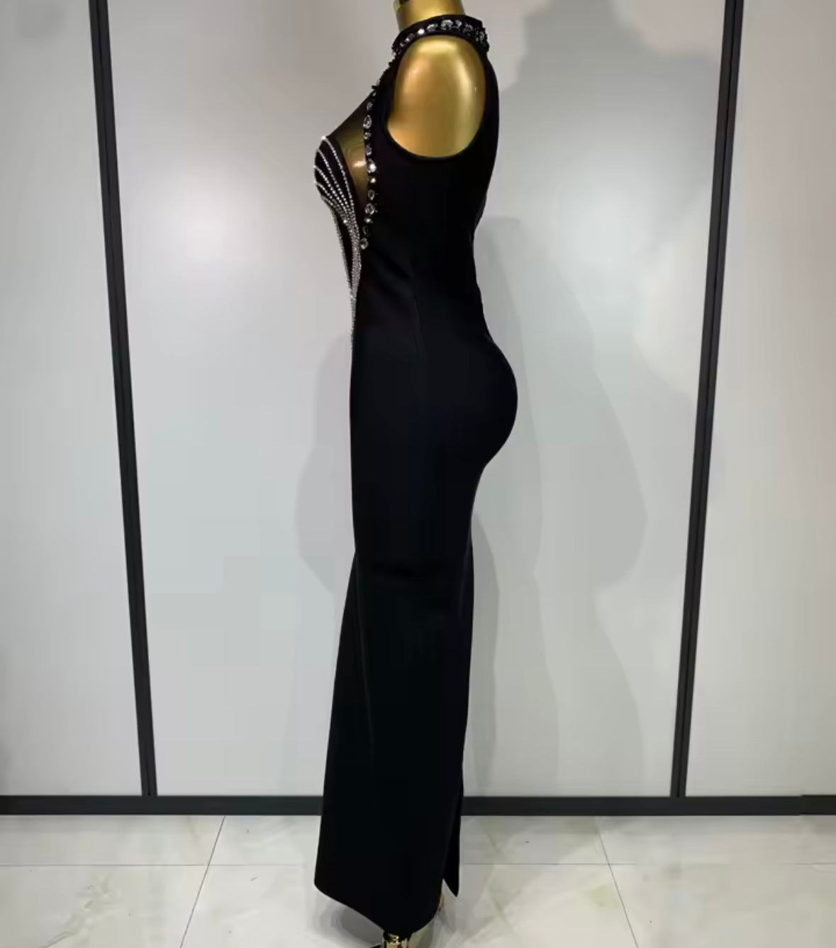 Sexy Black Rhinestone Sleeveless Maxi Dress