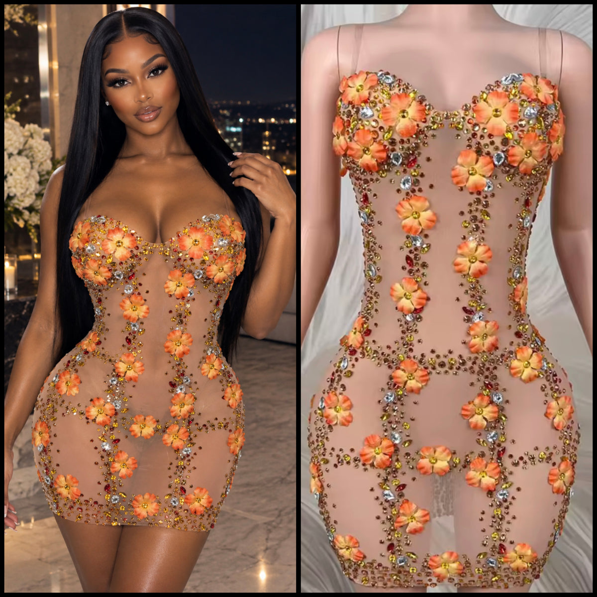 Sexy Sleeveless Rhinestone Orange Floral See Through Dress