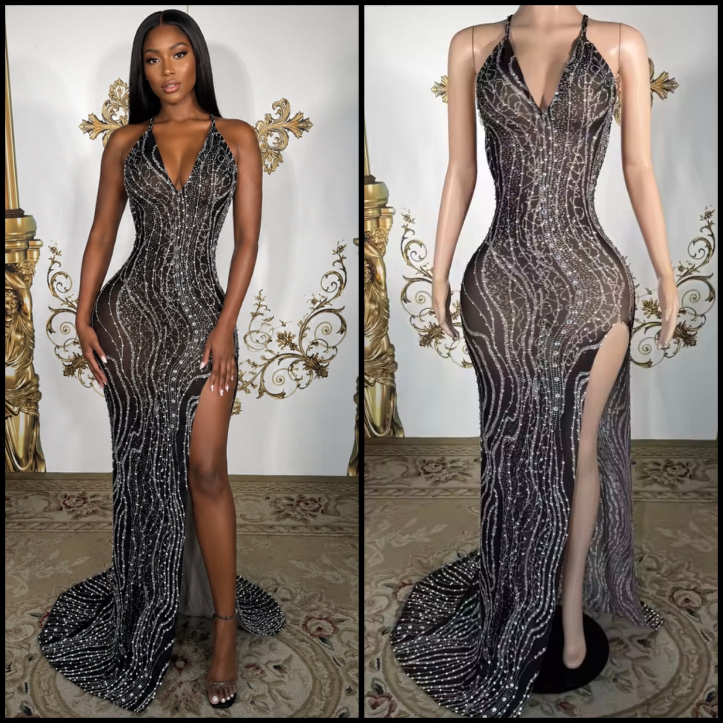 Sexy Black Sleeveless Rhinestone Side Split Maxi Dress