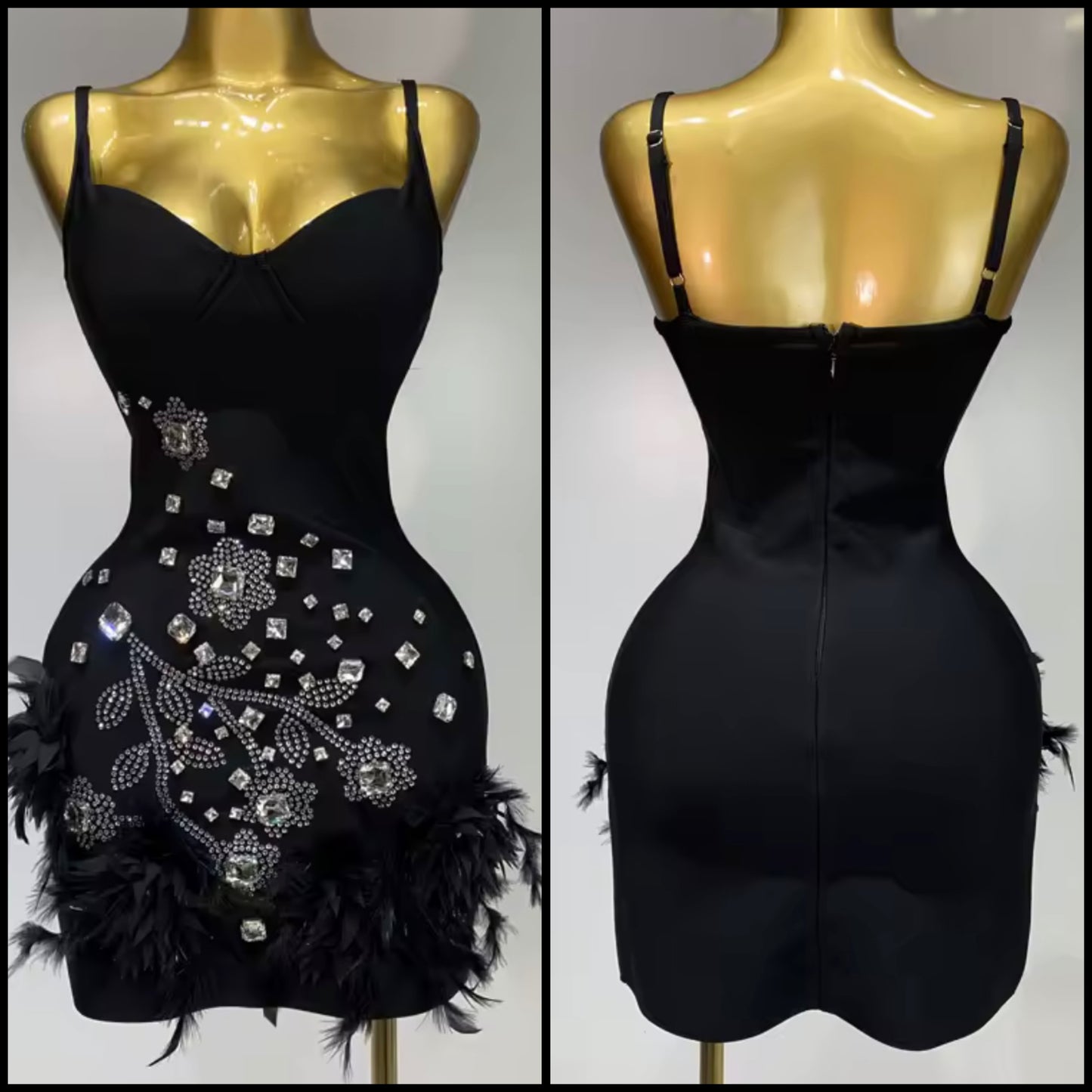 Sexy Black Sleeveless Rhinestone Embellishment Feather Dress
