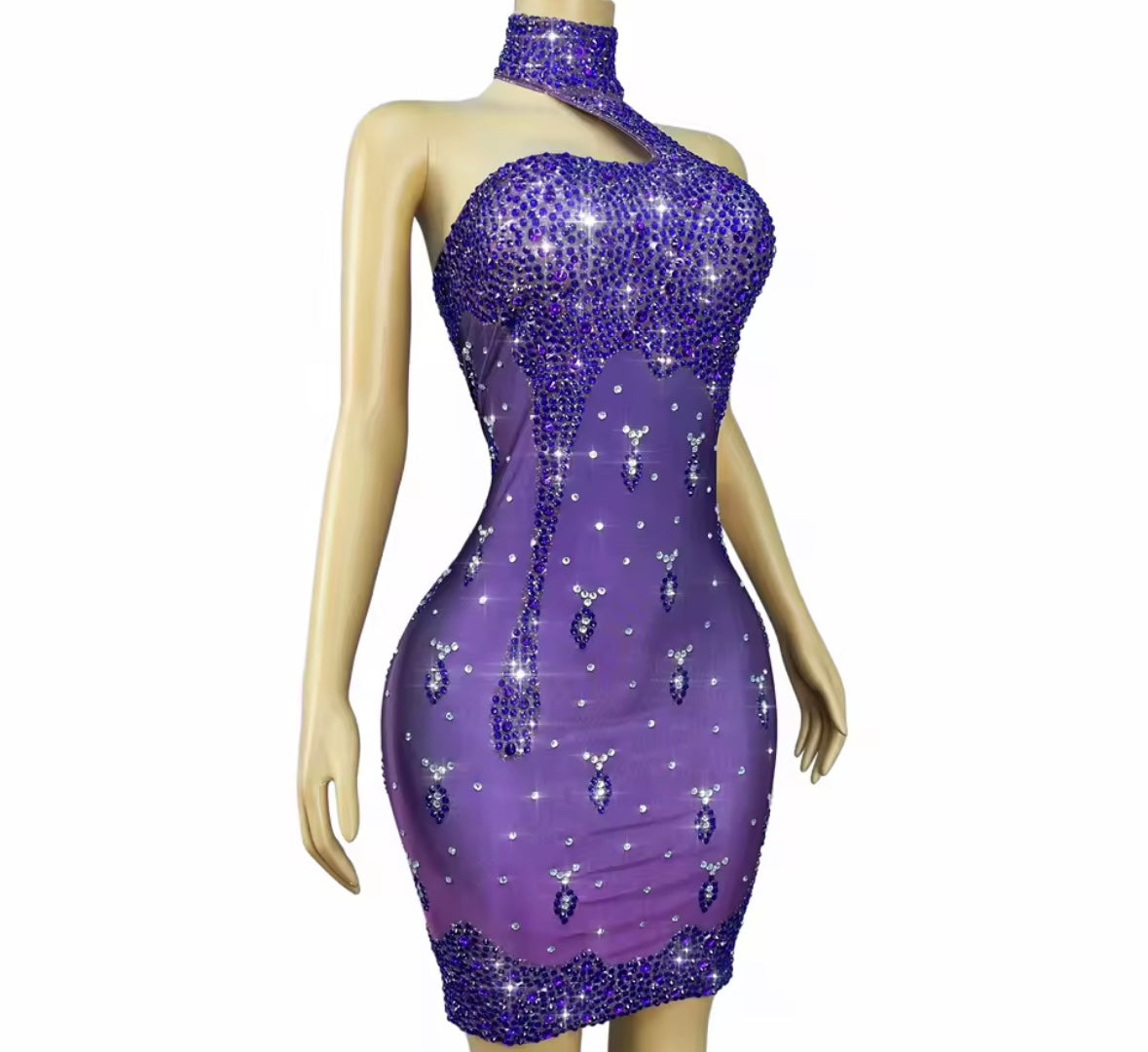 Purple Sexy Halter Sleeveless Rhinestone Dress