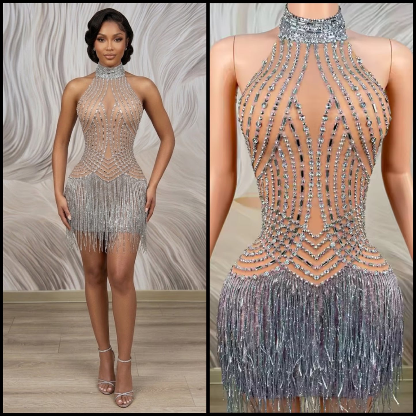 Halter Sleeveless Rhinestone Fringe Tassel Sexy Dress