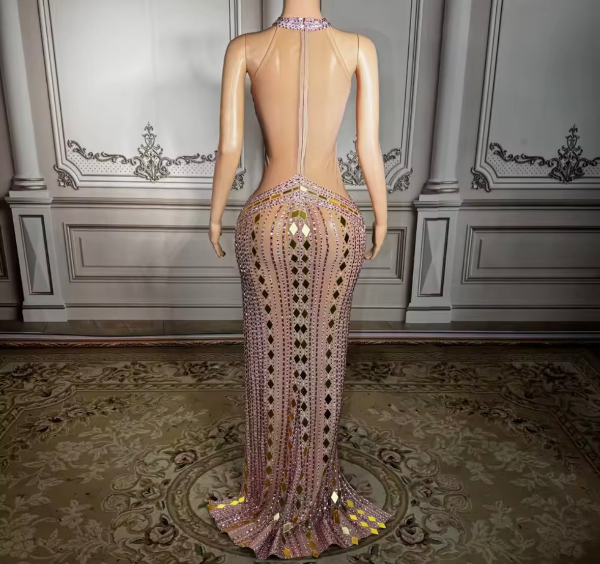Sexy Pink Rhinestone Mirror Sleeveless Side Split Maxi Dress