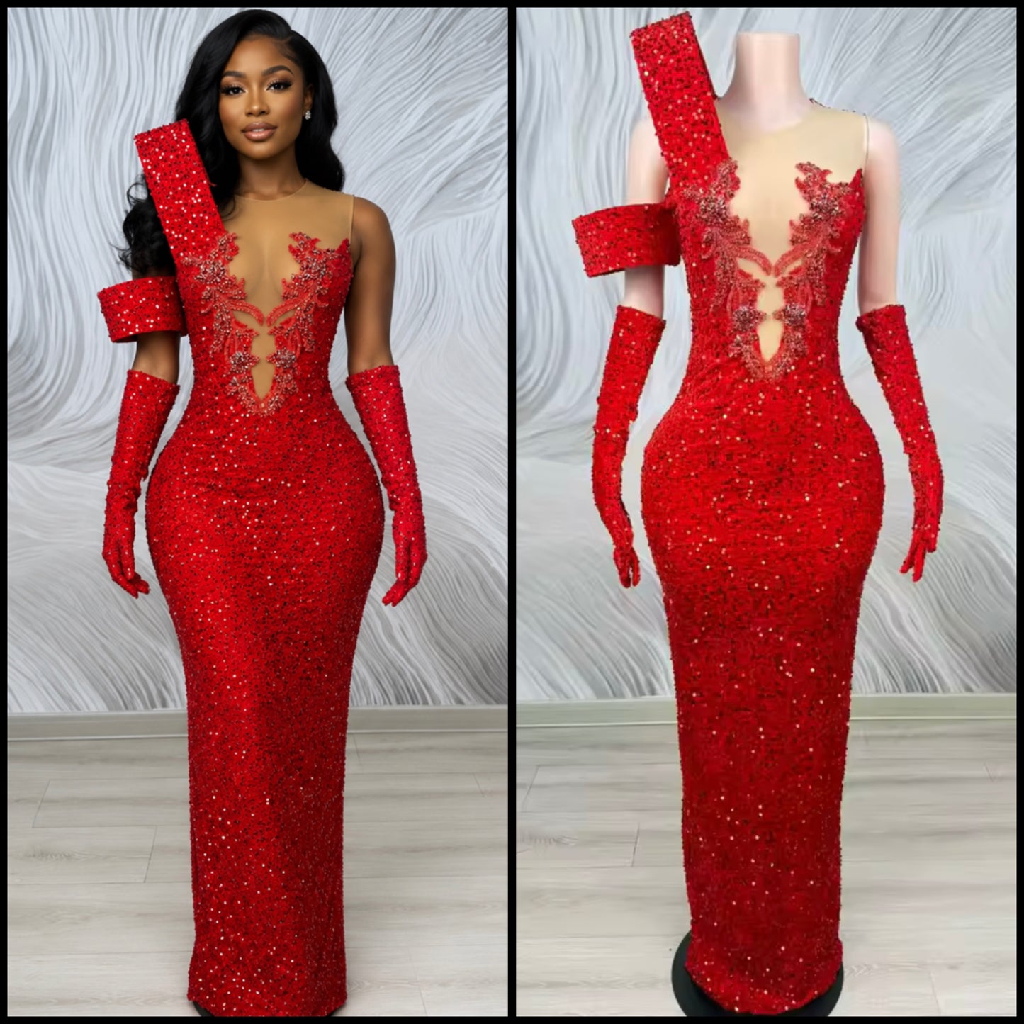 Elegant Sparkly Rhinestone Glove Maxi Dress