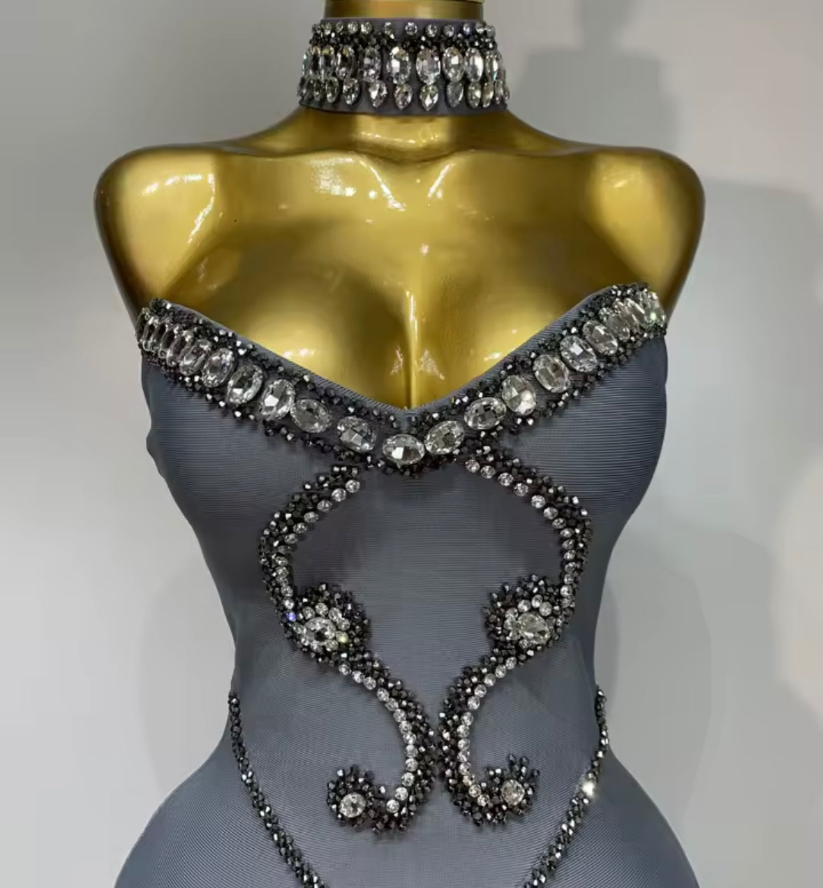 Beaded Rhinestone Choker Strapless Elegant Maxi Dress