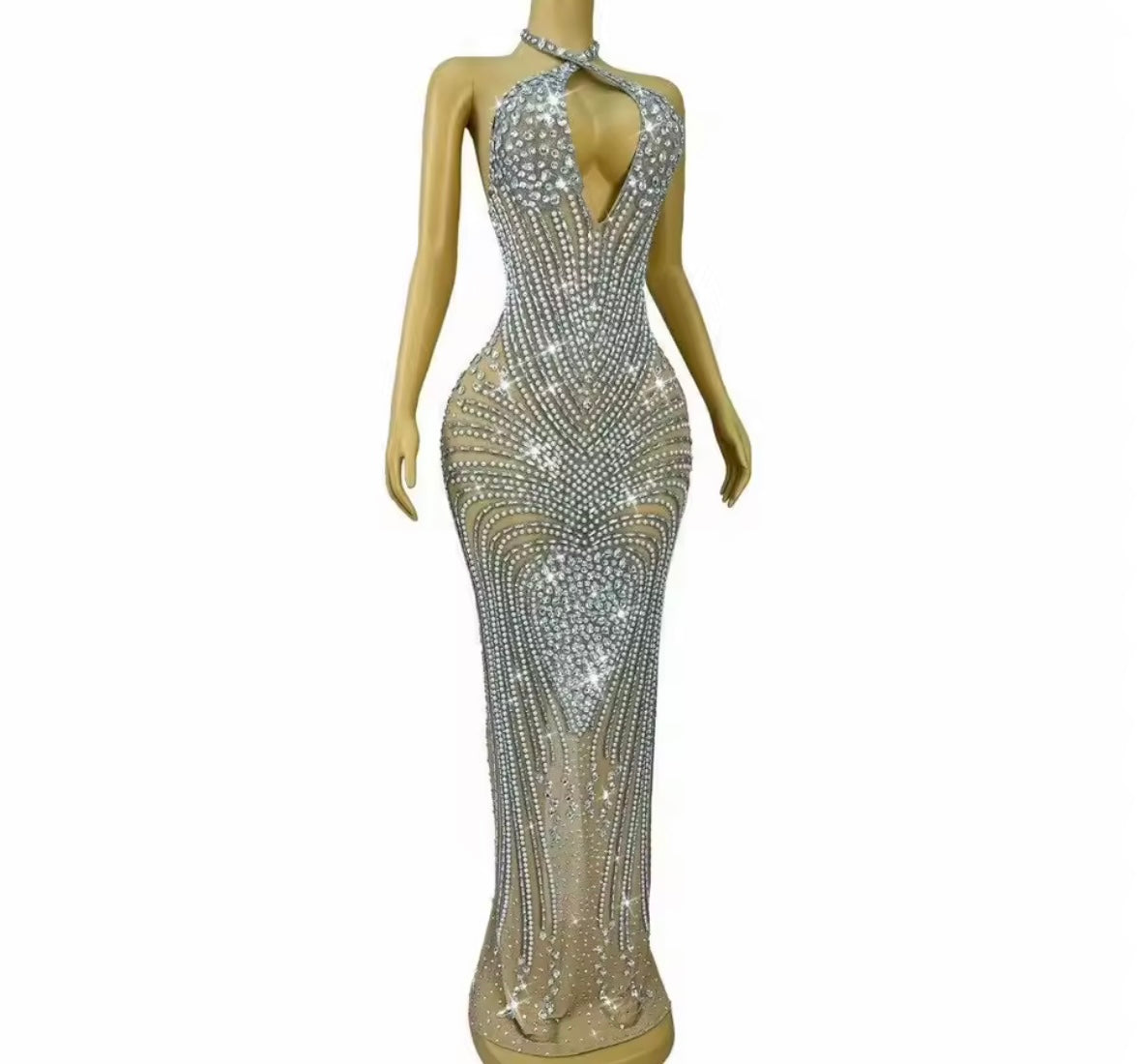 Sexy Halter Sleeveless Rhinestone Embellishment Maxi Dress