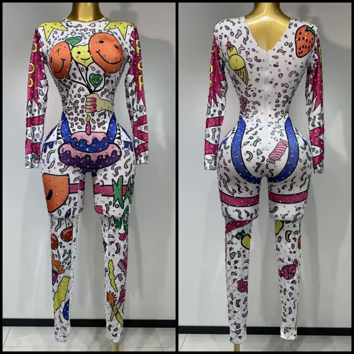 Multicolored Print Rhinestone Full Sleeve White Jumpsuit