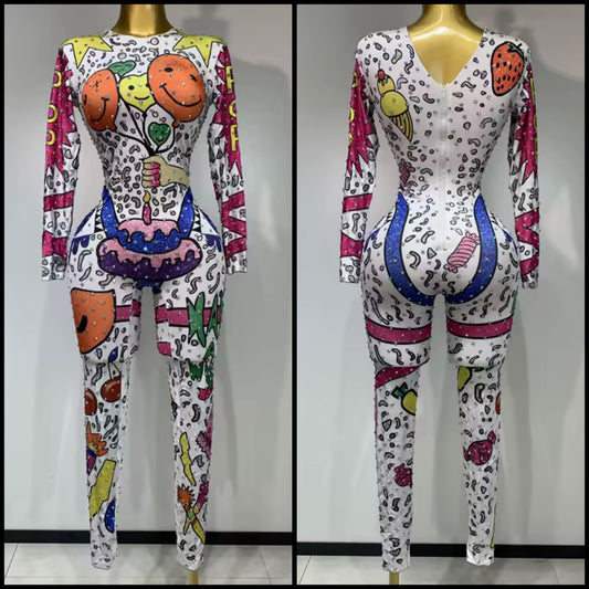 Multicolored Print Rhinestone Full Sleeve White Jumpsuit