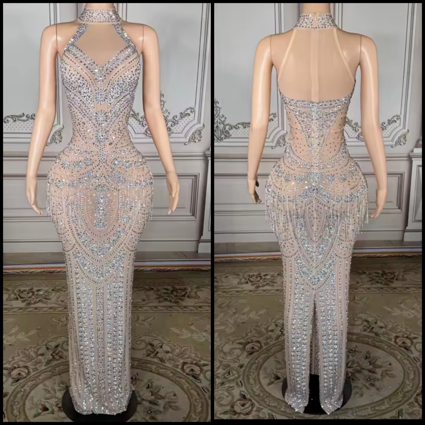 Sexy Halter Sleeveless Rhinestone Embellishment Tassel Maxi Dress