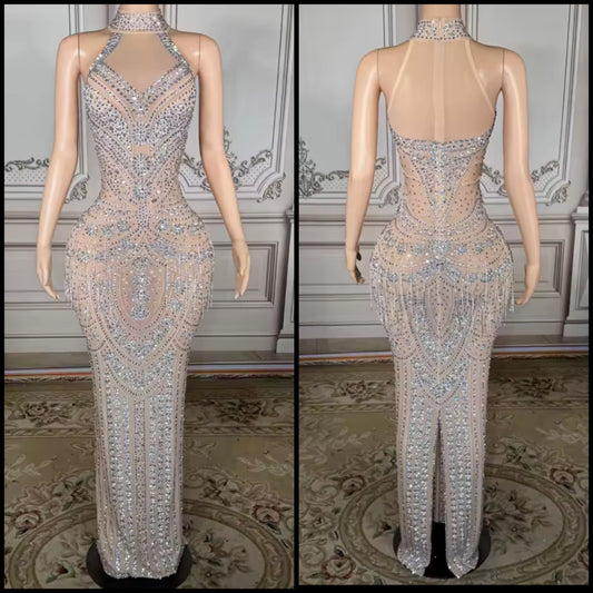 Sexy Halter Sleeveless Rhinestone Embellishment Tassel Maxi Dress