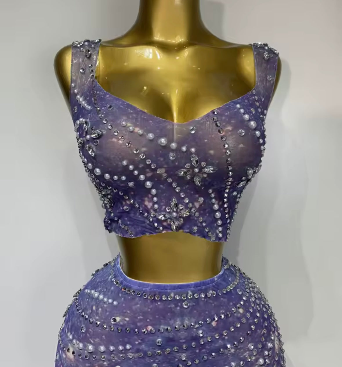 Sexy Sleeveless Rhinestone Beaded Two Piece Maxi Skirt Set