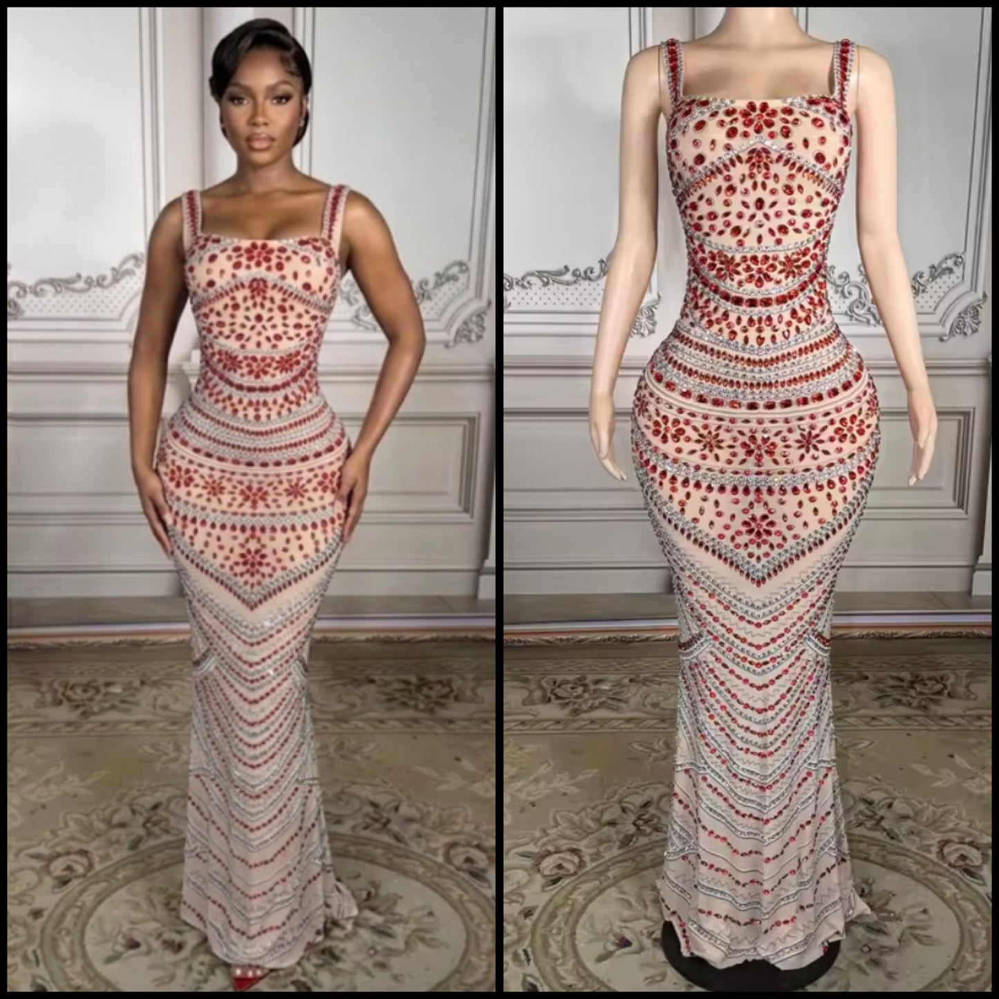 Sexy Sleeveless Red Rhinestone Embellishment Maxi Dress