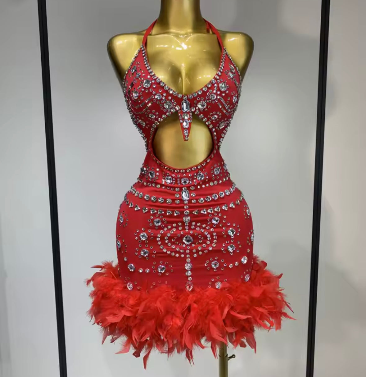 Sexy Sleeveless Rhinestone Cut Out Feather Dress