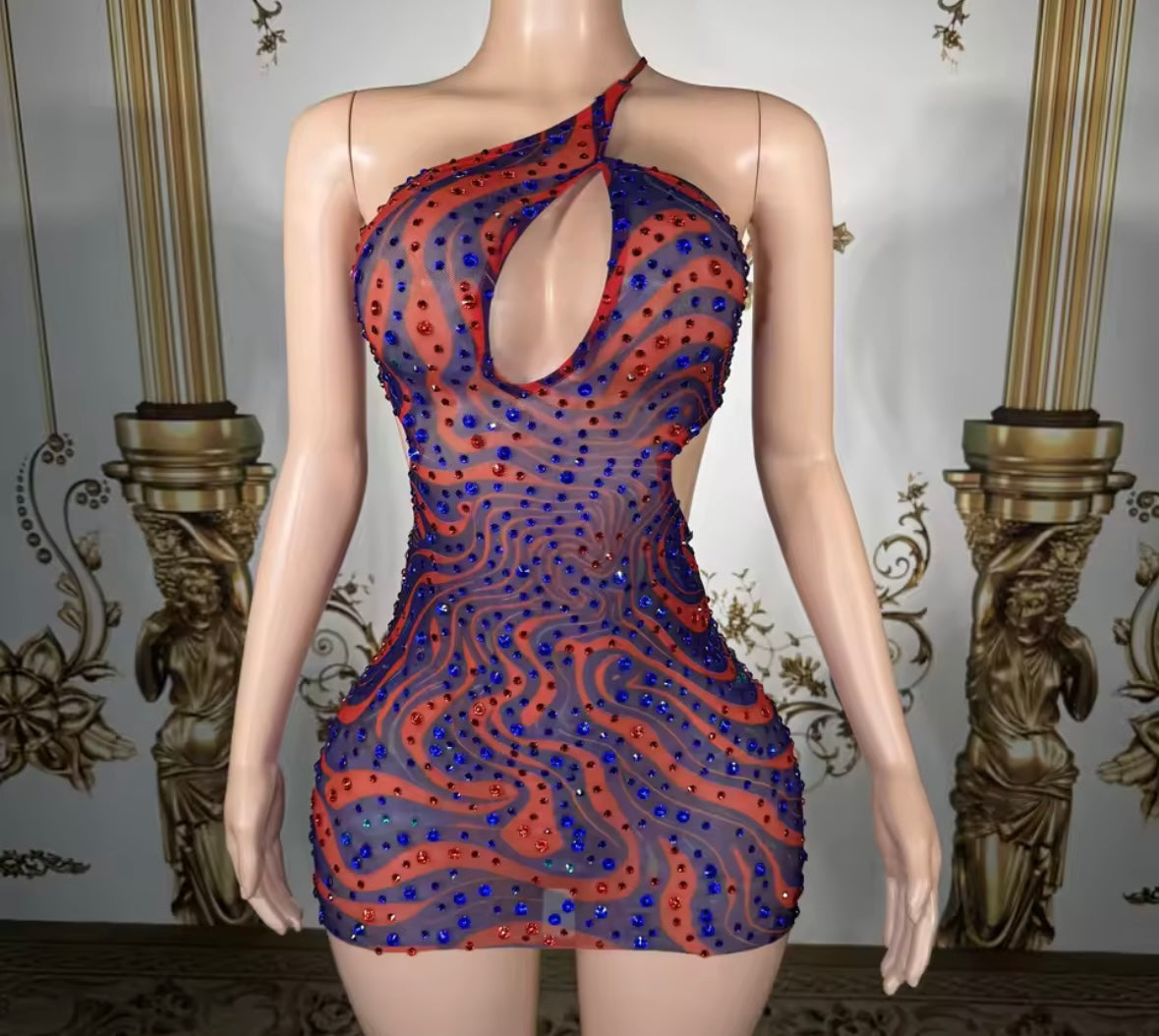 Sexy Halter Sleeveless Open Back Rhinestone Dress