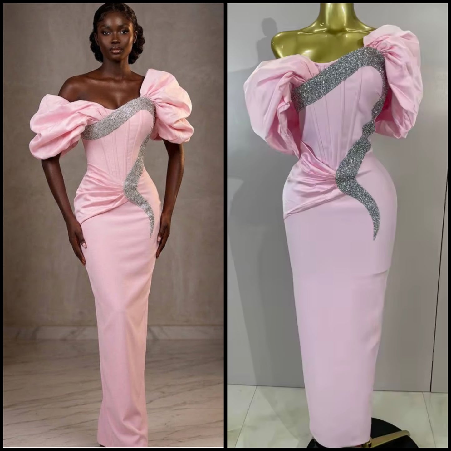 Elegant Puff Sleeve Shiny Rhinestone Maxi Dress