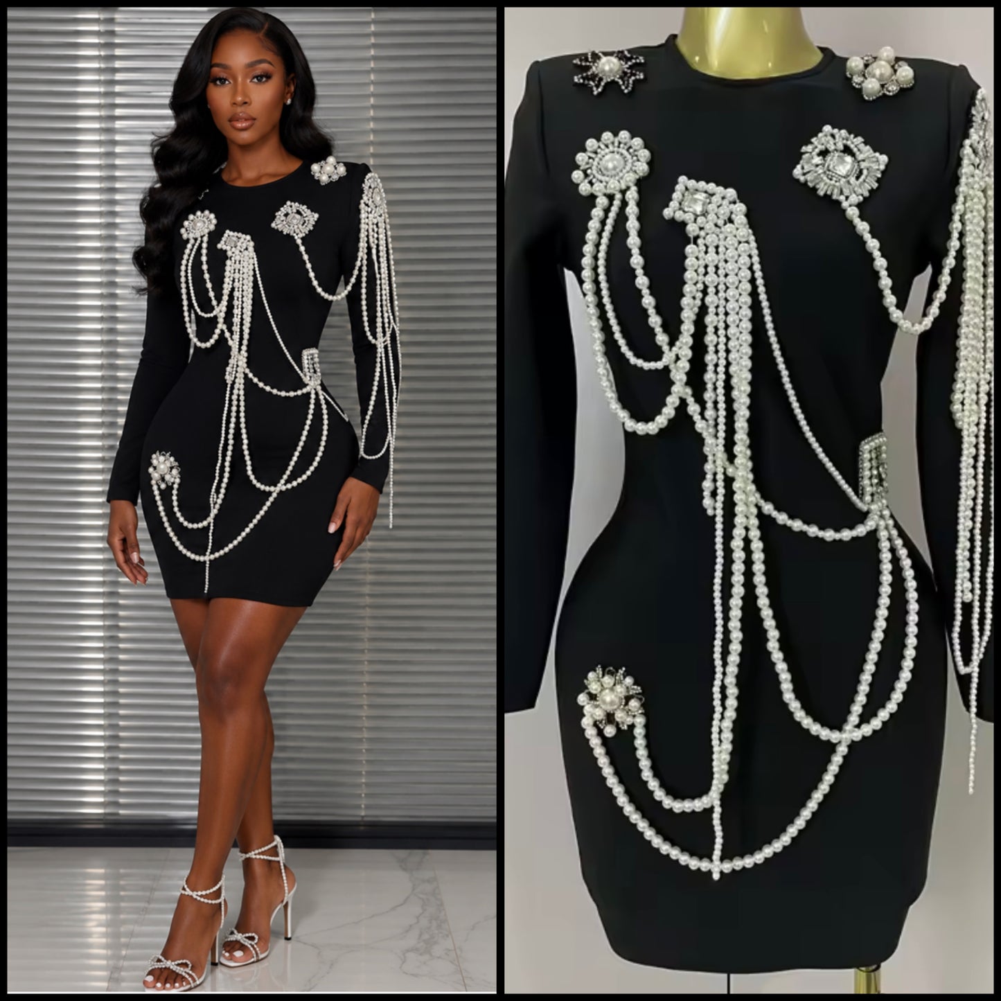 Elegant Black Pearl Rhinestone Full Sleeve Dress