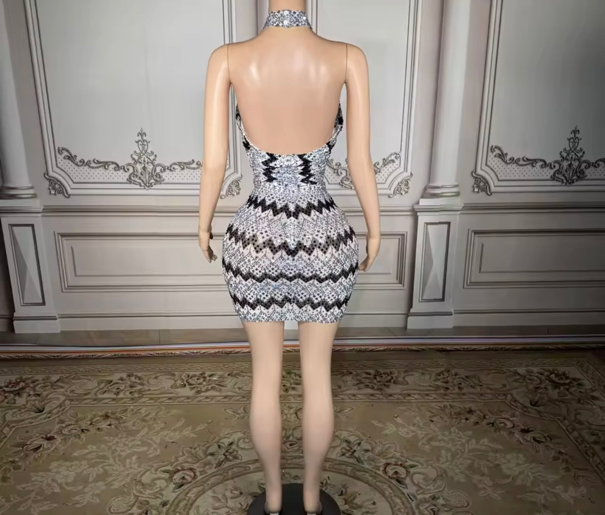 Sexy Halter Sleeveless Rhinestone Striped Short Dress