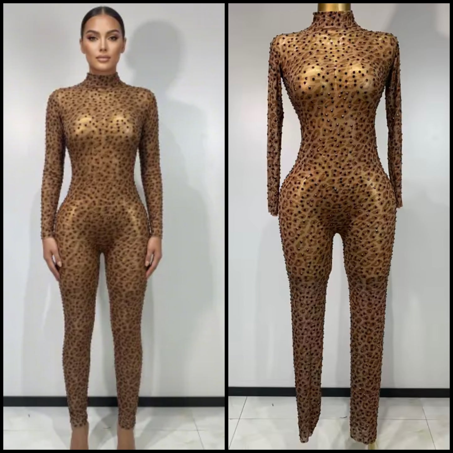 Sexy See Through Leopard Rhinestone Full Sleeve Jumpsuit