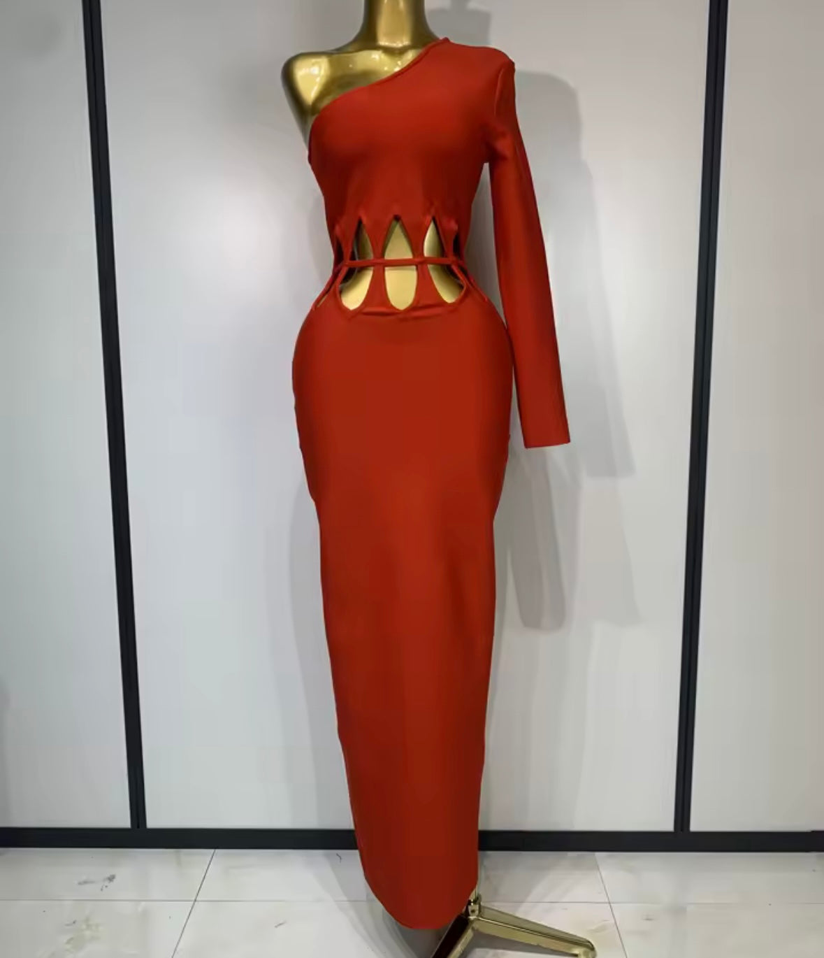 Red Elegant One Shoulder Hollow Out Maxi Dress
