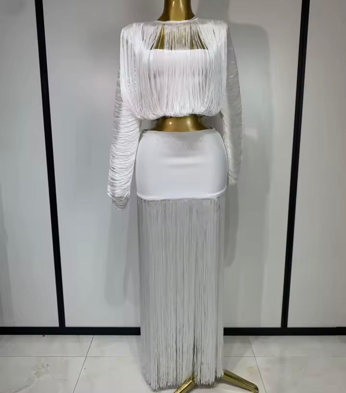 White Sexy Fringe Tassel Full Sleeve Maxi Skirt Set