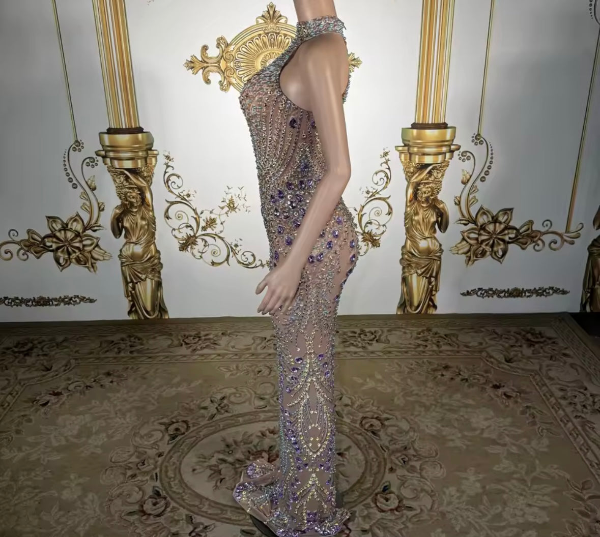 Elegant Beaded Rhinestone Sleeveless Floor-Length Dress