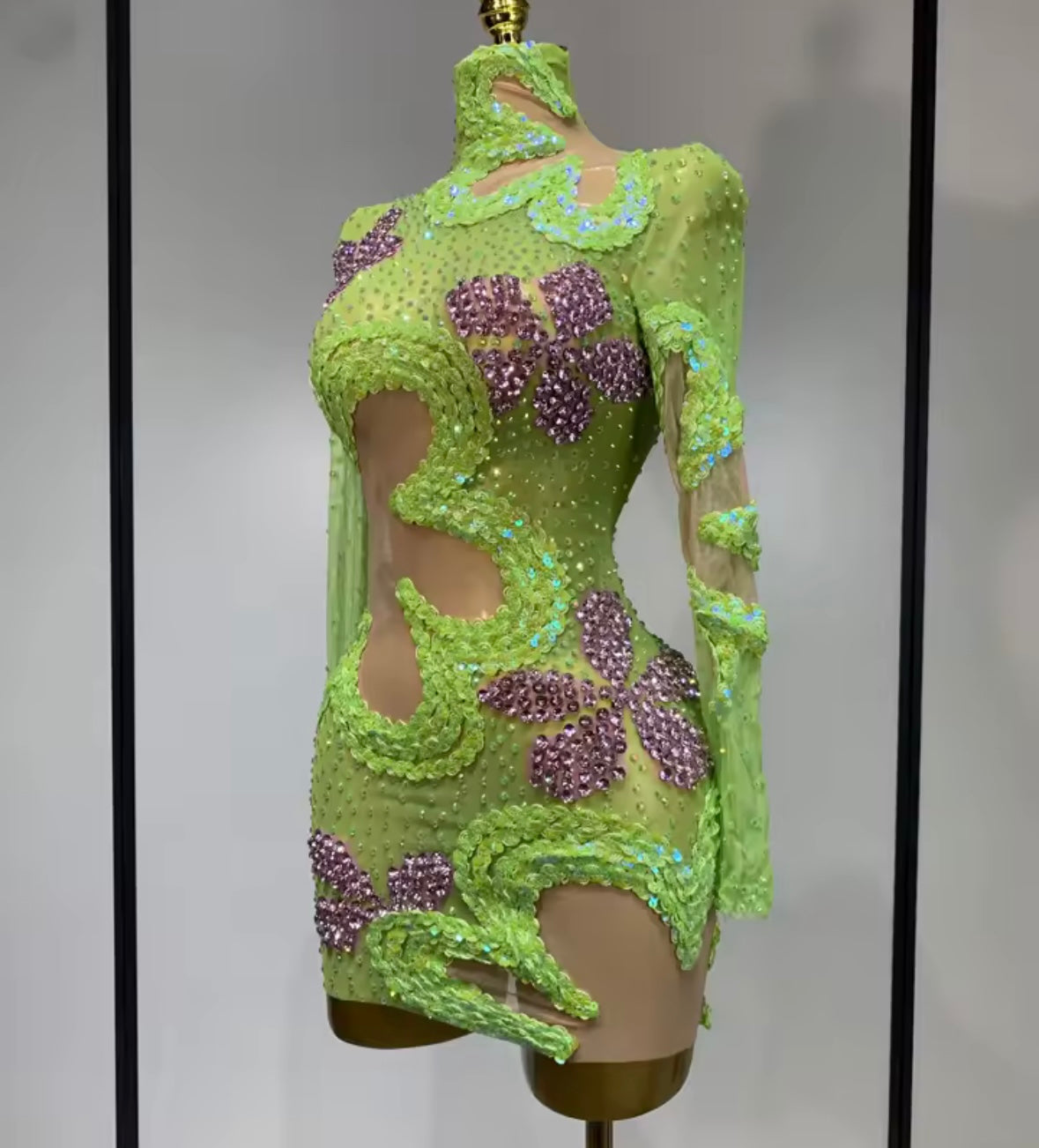 Sexy Green Sequins Rhinestone Full Sleeve Dress