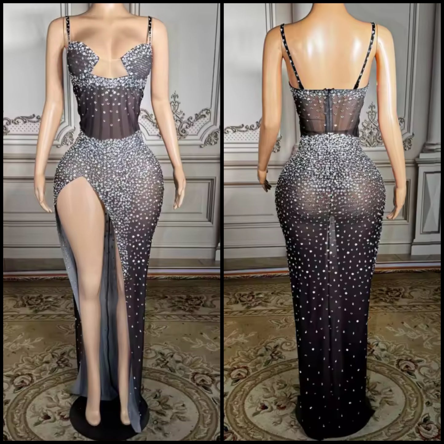Black Sexy Sleeveless See Through Rhinestone Maxi Dress