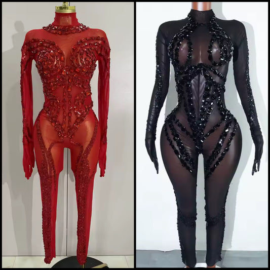 Sexy Beaded Crystal Full Sleeve See Through Jumpsuit